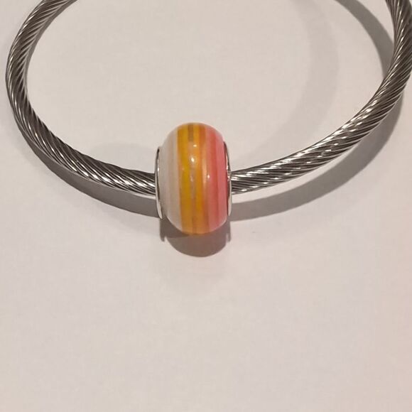 Silver Yellow Striped Charm for Pandora Style Bracelet - Picture 2 of 4
